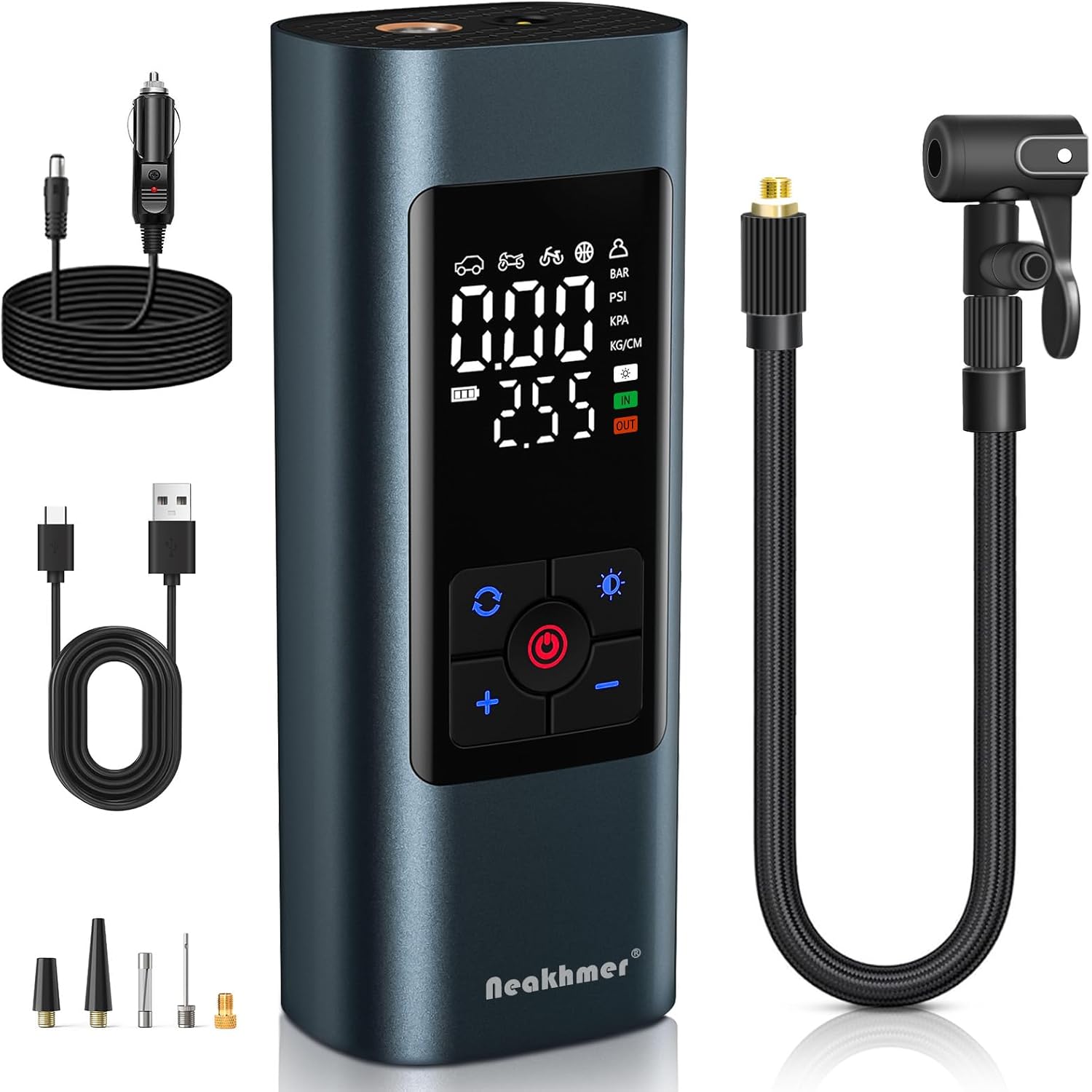 Neakhmer portable tire inflator 150PSI cordless air pump
Neakhmer air compressor for car bike motorcycle tire inflation
Neakhmer digital tire pressure gauge with LED light
Neakhmer rechargeable tire pump for cars and sports balls
Neakhmer compact air pump with USB charging and deflation button
Neakhmer multi-purpose tire inflator for off-road and emergency use
Neakhmer cordless tire inflator with preset modes and 1 PSI precision
Neakhmer high-capacity battery air pump for vehicles and bicycles